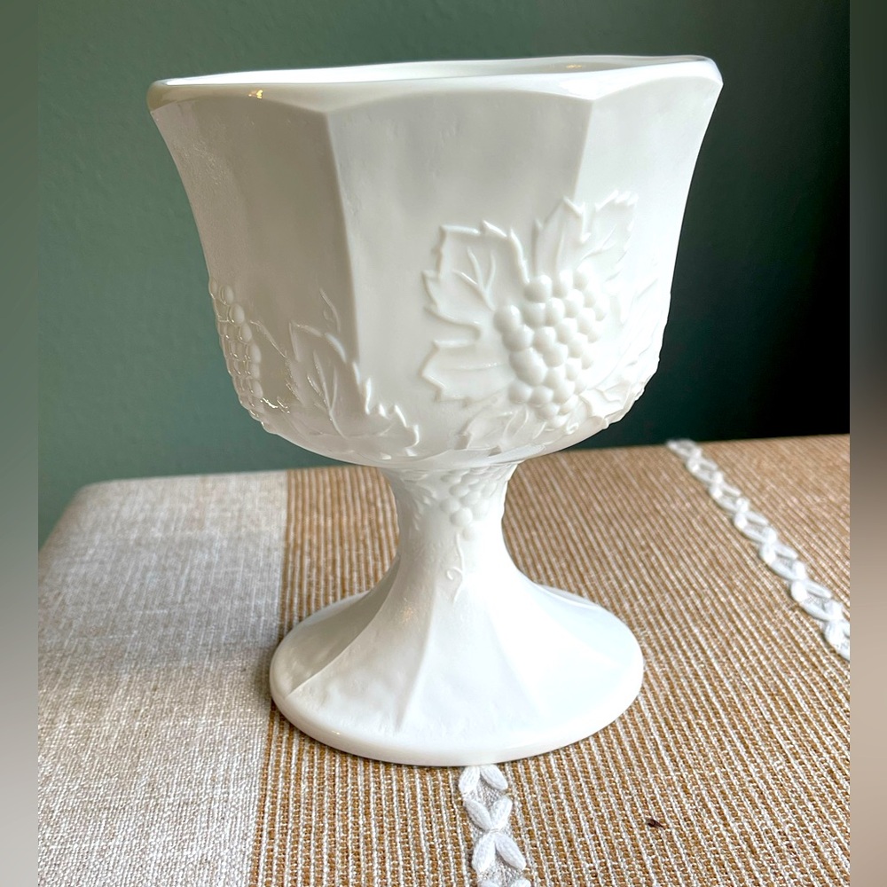 Vintage White Milk Glass Pedestal Vase with Grapes & Leaves Etching